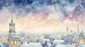Mystical Watercolor Christmas Eve Sky with Twinkling Stars over Snowy Rooftops AI Generated