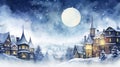 Mystical Watercolor Christmas Moon Illuminating Snowy Rooftops and Streets AI Generated