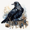 Mystical Watercolor Gothic Raven with Gothic Jewellery on White Background AI Generated