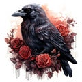 Mystical Watercolor Gothic Raven with Red Roses AI Generated