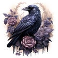 Mystical Watercolor Gothic Raven with Roses on White Background AI Generated