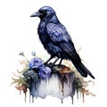 Mystical Watercolor Gothic Raven Sitting on a Skull Clipart AI Generated