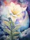 Mystical Watercolor Moonflower Blossoming Under Subtle Moonlight AI Generated