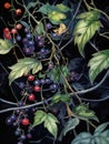 Mystical Watercolor Nightshade Plant Berries and Leaves AI Generated