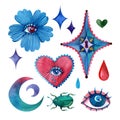Mystical watercolor set of elements: all-seeing eye, flower, stars, drops, moon, beetle, lock Royalty Free Stock Photo
