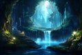 Mystical Waterfall Grotto. A hidden grotto behind a mesmerizing waterfall, AI Generated