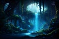 Mystical Waterfall Grotto. A hidden grotto behind a mesmerizing waterfall, AI Generated