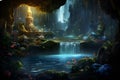 Mystical Waterfall Grotto. A hidden grotto behind a mesmerizing waterfall, AI Generated