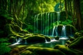 Mystical waterfall in a moss covered forest