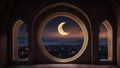 Mystical window with crescent moon in the stary night sky. Generative Ai