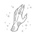 Mystical witch hand with ring and stars. Hand drawn magical doodle element for spiritual design. Vector illustration isolated on