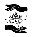 Mystical witch hands with evil eye and moon phases isolated clipart, celestial boho hands holding the third eye