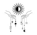 Mystical witch hands holding the Sun isolated clipart on white, Boho celestial composition with hands, moon, planet, sun