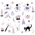 Mystical witchcraft isolated clipart doodle set, magic line witchy esoteric objects. Perfect for T-shirt, poster, stickers