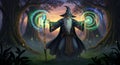 Mystical Wizard Casting Spell in Enchanted Forest at Dusk Royalty Free Stock Photo