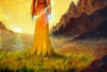 Mystical woman goddess in landscape with sunrise, painting detail.