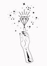 Mystical Woman Hand alchemy esoteric magic space stars, crystal symbol, Sacred Geometry. Boho style Logo in black outline tattoo