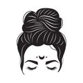 Mystical woman messy bun and moon. Woman silhouette with hair and long eyelashes. Vector illustration