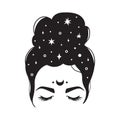 Mystical woman messy bun and moon. Woman silhouette with hair and long eyelashes. Vector illustration