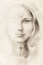 Mystical woman portrait drawing with symbols, emerging from light.