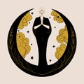 Mystical woman standing on crescent moon icon. The girl folded her hands in namaste and meditates against the background