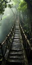 A Mystical Wooden Bridge In A Misty Fantasy Forest