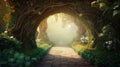 Mystical woodland archway with radiant glow. Spectacular fantasy scene with a portal archway covered Royalty Free Stock Photo