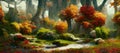 Mystical woodland forest in Autumn with remnants of old druid buildings in ruin - generative AI