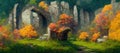 Mystical woodland forest in Autumn with remnants of old druid buildings in ruin - generative AI