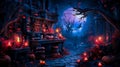 Mystical world of witches, haunted houses, and eerie paths lit by pumpkins and candles.Generative AI Royalty Free Stock Photo