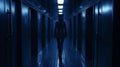 Mystique In Dark Blue Uniform Walking Through Dark Corridor