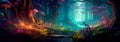 mystique of an enchanted forest with a gradient background transitioning from shadowy greens to vibrant, magical colors.
