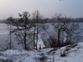 Cloudy, winter day at the lake. Bare trees and whitte stones.