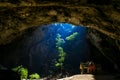 Mystique view to the Phraya Nakhon Cave with the Khuha Kharuehat Pavilion illuminated by Sun through the Hole in the Rocky Top