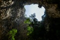 Mystique view to the Phraya Nakhon Cave with the Khuha Kharuehat Pavilion illuminated by Sun through the Hole in the Rocky Top