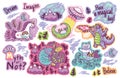 Set of vector stickers, patches with cute unicorn, Yeti, Dragon, cat and mermaid, lochness, ufo and Godzilla Royalty Free Stock Photo