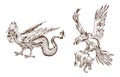 Mythical Basilisk and antique Roc. Ancient Mythology. Birds and animals, creatures in the old vintage style. and