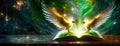 Mythical birds of light emerge from an open tome, amidst a cosmic glow. From the pages of knowledge, luminescent avians