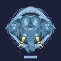 Mythical blue elephant illustration with chained skull ivory and dead forest around the head on dark background