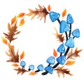 Mythical blue mushroom with autumn leaves wreath watercolor.