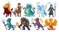 Mythical creature line-up: Fantasy characters displaying fire, water, and air elements Royalty Free Stock Photo