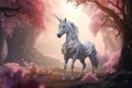Pearl white unicorn with lovely coat walks gloriously in fantasy firefly effect soft pink color nature forest. Generative AI.