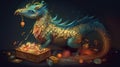 Mythical creature with a treasure hoard. Fantasy concept , Illustration painting