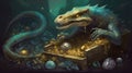 Mythical creature with a treasure hoard. Fantasy concept , Illustration painting