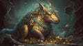Mythical creature with a treasure hoard. Fantasy concept , Illustration painting