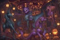 Mythical Creatures Carnival: Whimsical Halloween Fantasy with Mermaid Carousel, Chimera Haunted House, and Kraken Roller Coaster.