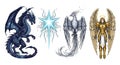 Mythical Creatures Ensemble: Dragon, Star, Phoenix, and Angel Illustration Royalty Free Stock Photo