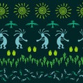 Mythical, design with gecko, Kokopelli fertility god, sun, bird, cacti.