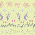 Mythical, design with gecko, Kokopelli fertility god, sun, bird, cacti.