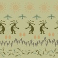 Mythical, design with gecko, Kokopelli fertility god, sun, bird, cacti.